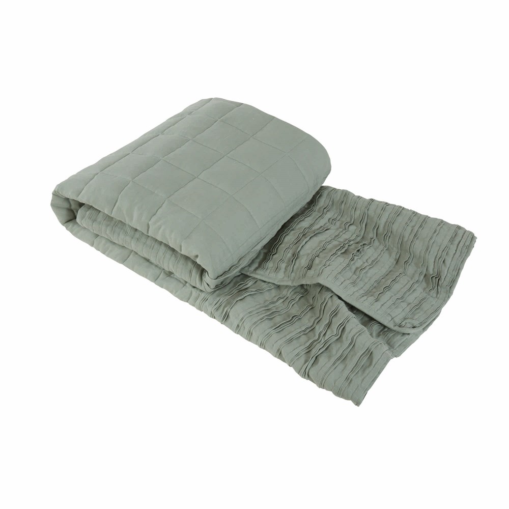 Lazy Linen Plain Quilted Ruffle Throw in Sage Green